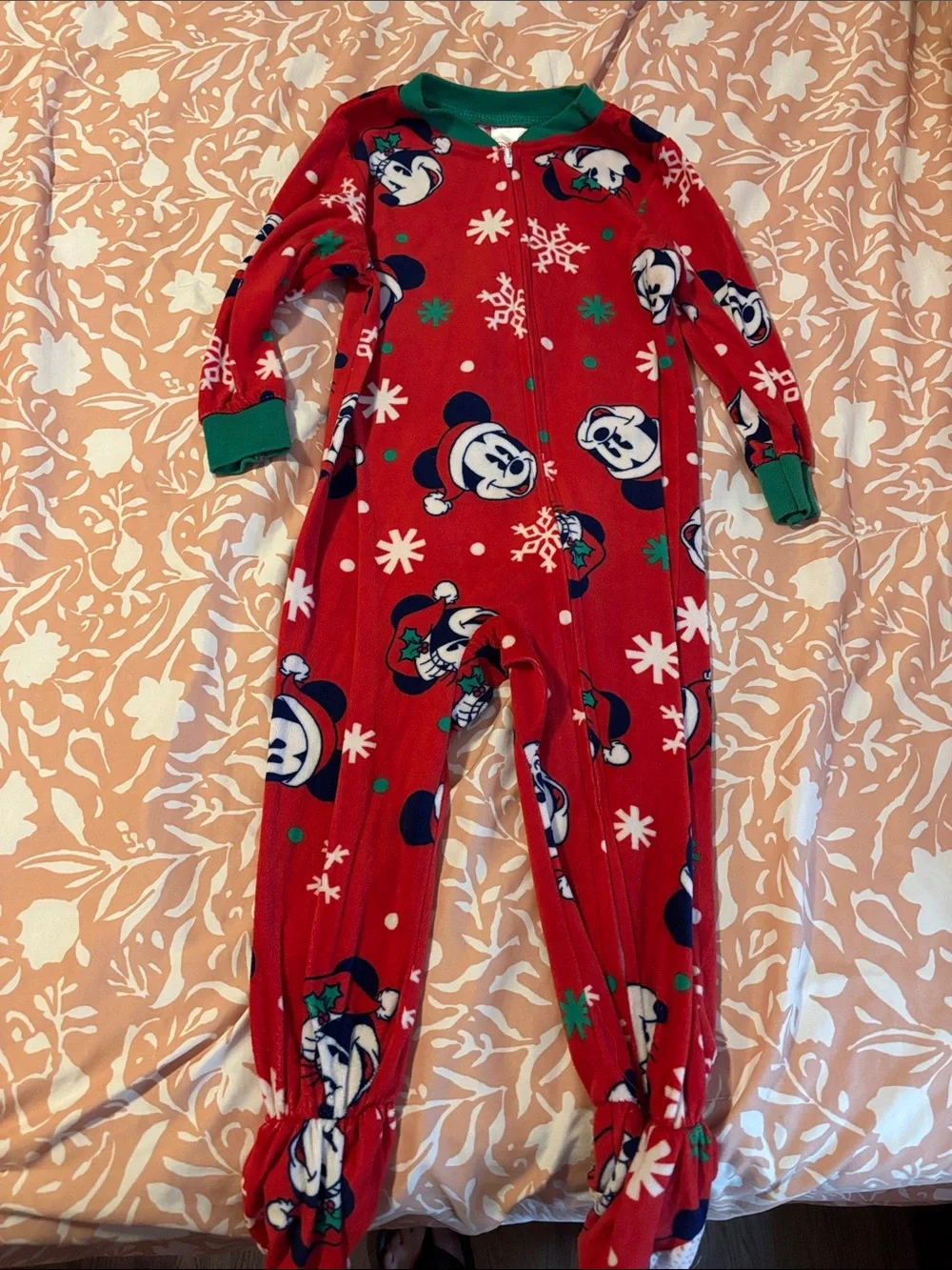 Disney Red Mickey Mouse Holiday Footed Pajama Set with Green Trim